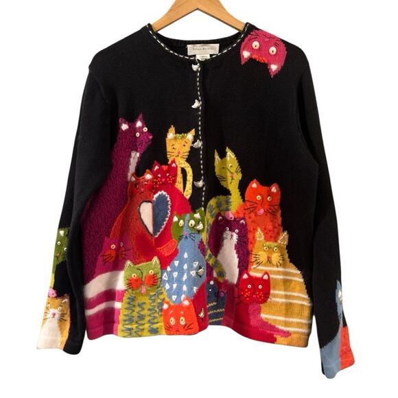 Susan Bristol Sweaters - Vintage Susan Bristol Knit Cat Pattern Button Front Cardigan Black Multi XL